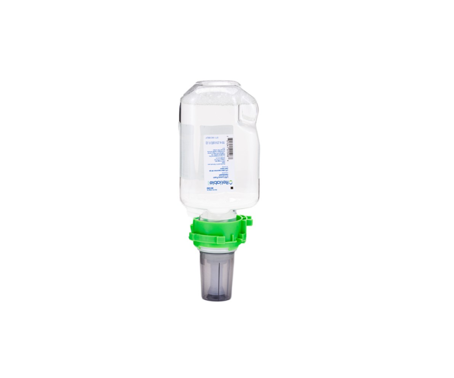 A clear plastic container with a green attachment and a transparent nozzle at the bottom, used for dispensing liquids. Reliable Brand® Clear Unscented Luxury Foam Slim Handwash (700 ml., 4 Bottles/CS)